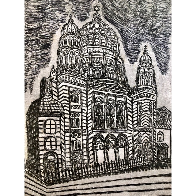 Cracow Poland Etching of Polish Synagogue, Jewish temple. From very rare small edition. Most are signed in Hebrew and /or...