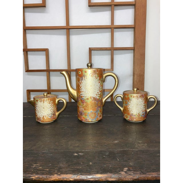 Mid 20th Century Elegant Golden Hand-Painted Satsuma 3-Piece Tea Set With Chrysanthemum and Multi/Earth-Tone Pattern For Sale - Image 13 of 15