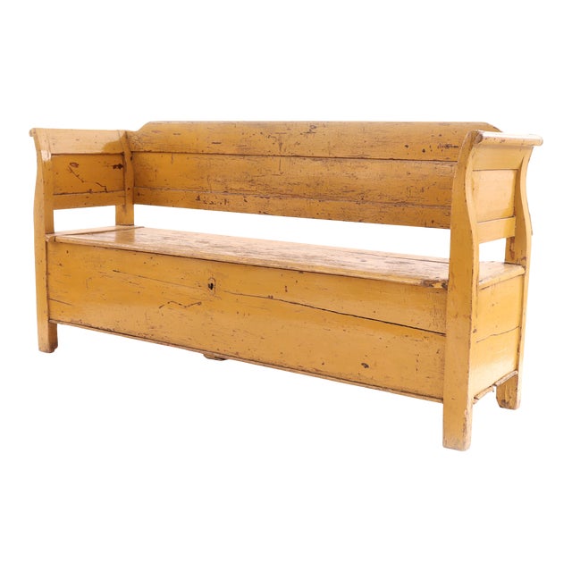 Country Rustic Yellow Wooden Bench | Chairish