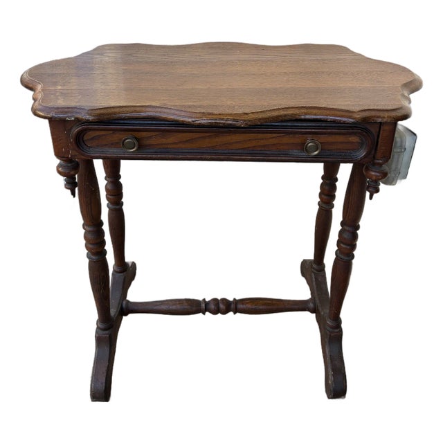 Vintage Solid Wood Side Table With Drawer, Scalloped Top For Sale