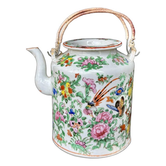 Antique Chinese Famille Rose Porcelain Teapot – Mid-Qing Dynasty, Hand-Painted Floral & Butterfly Motifs With Original Lid For Sale