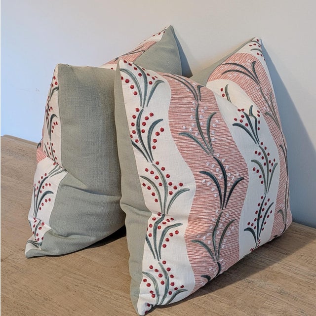 Nina Campbell Sidney Stripe embroidered Pillows in Coral/Teal/Pink with coordinating teal linen backs. Invisible zippers...