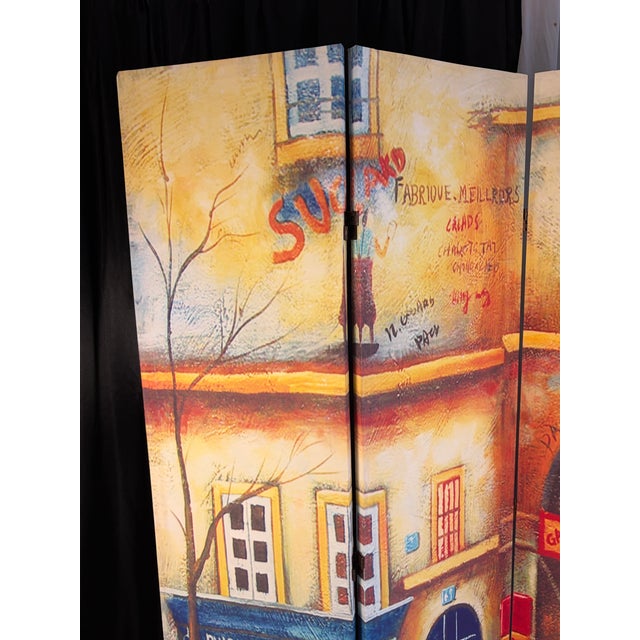 Vintage Double-Sided Parisian Street Scene Canvas 4-Panel Room Divider Screen For Sale - Image 10 of 12