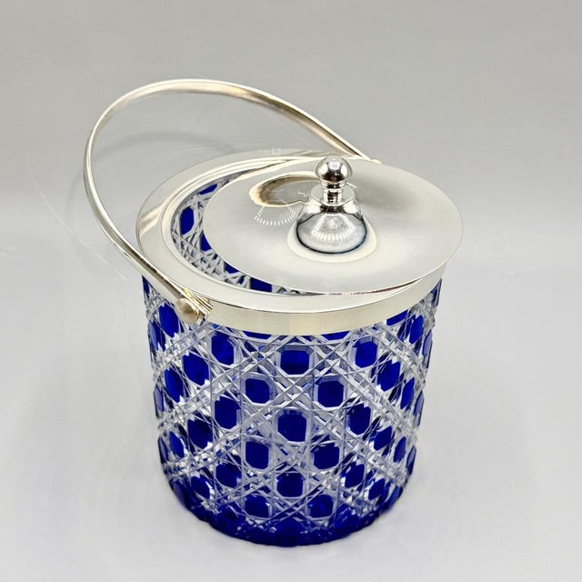 Glass Mid-Century Modern Cobalt Blue Overlay Cut Crystal Biscuit Barrel with Silver-Plated Mount, 1950s For Sale - Image 7 of 18