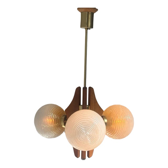 Space Age Model Sputnik Hanging Pendant with Wooden Base, Brass Details and Glass Domes, 1960s For Sale