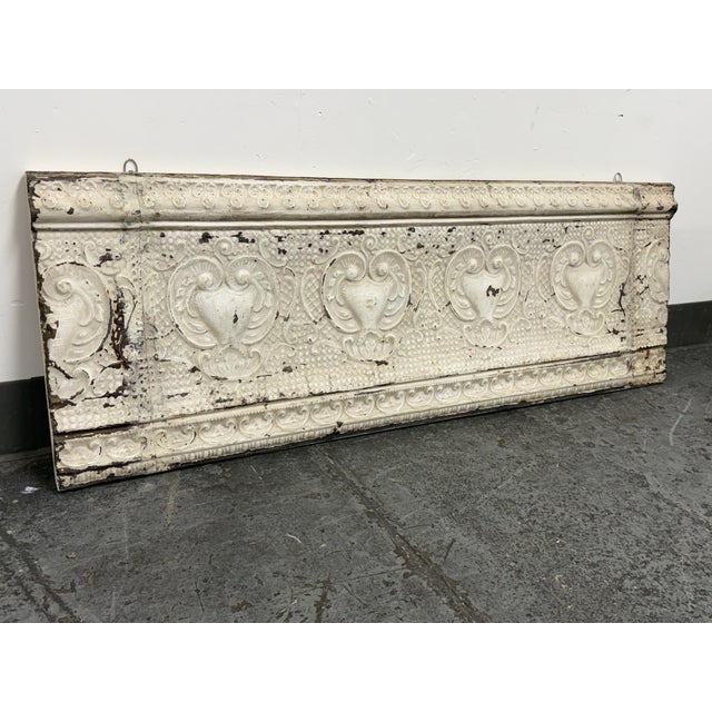 Shabby Chic Distressed White Embossed Tin Architectural Wall Panel, Vintage For Sale - Image 3 of 12