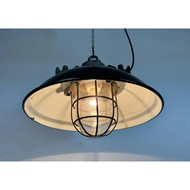 Industrial Black Enamel and Cast Iron Cage Pendant Light from Elektrosvit, 1960s For Sale - Image 16 of 17