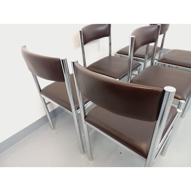 Vintage Chairs in Chromed Metal and Brown Imitation Leather, 1970s, Set of 6 For Sale - Image 4 of 18
