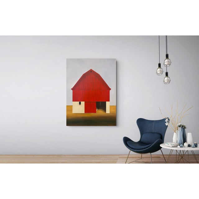 Old Red by Justin Wheatley | Acrylic on Canvas Red Barn With Ochre Field For Sale - Image 9 of 10