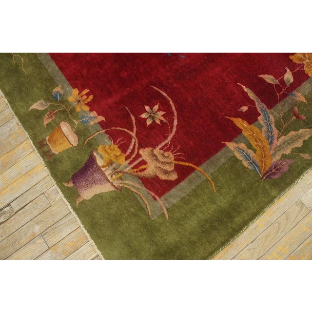 Textile Magistral Red Rust Background and Green Border Color With Floral Design Antique Chinese Art Deco Rug For Sale - Image 7 of 12