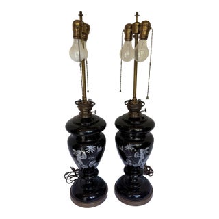 Antique Mary Gregory Black Amethyst Glass Table Lamps With Cherub & Floral Decoration, Brass Fittings a Pair For Sale