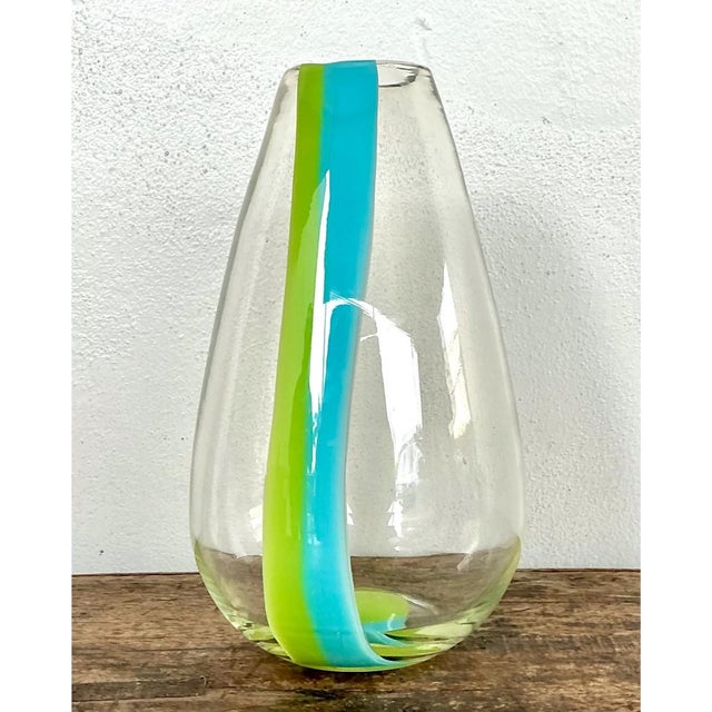 Vintage Clear Glass Vase With Blue and Green Stripes For Sale - Image 9 of 12