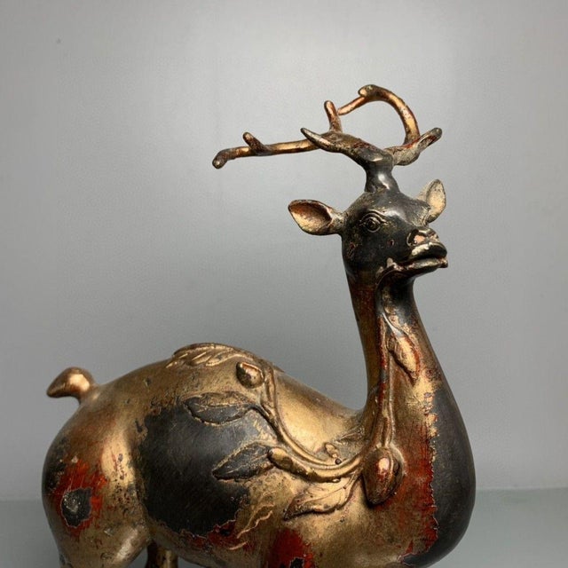 Vintage Gilt Bronze Deer Figure With Cinnabar Red Accents – "Path to Wealth" Sculpture For Sale In Los Angeles - Image 6 of 9