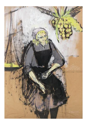 Woman With Pineapple - Original Gouache by Jeanne Esmein - 1970s 1970s