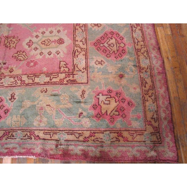 Turkish 1930s Rose-Teal Green Large Scale Arts and Crafts Antique Turkish Oushak Rug 13'10" X 16'8" Handknotted Wool Carpet For Sale - Image 3 of 6