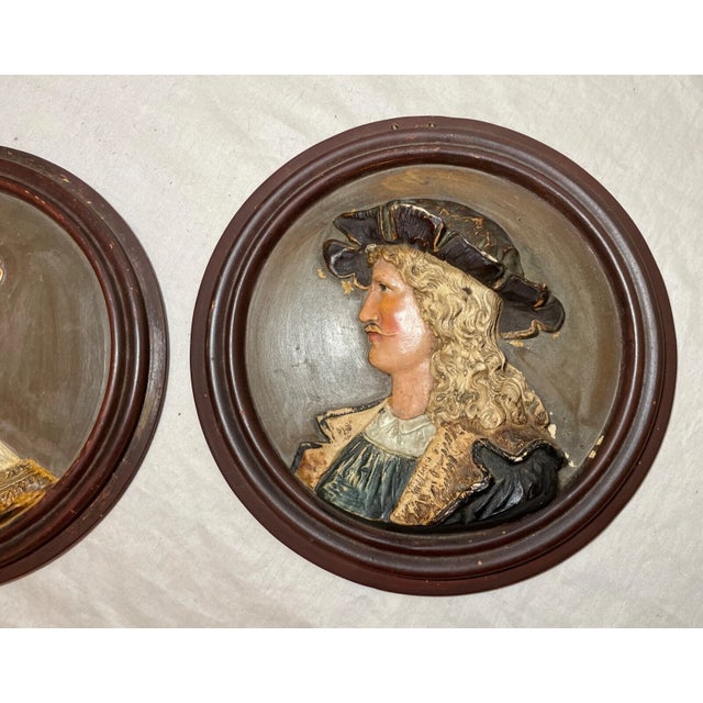 Brown Pair of Antique 19th Century Handmade Painted Pottery Relief Wall Plaques Art For Sale - Image 8 of 16
