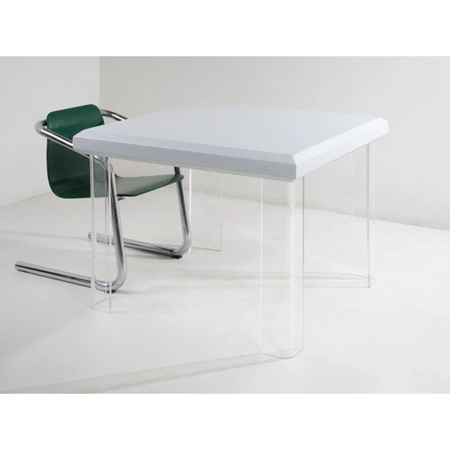 - 29.5"h, 38"w, 38"d - Clear lucite legs with gray grasscloth tabletop - Seats two to four comfortably - Condition: Excellent