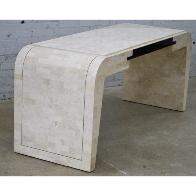 Postmodern 1980s Maitland Smith Style Tessellated Stone Brass Waterfall Floating Console Table Writing Desk For Sale - Image 3 of 13