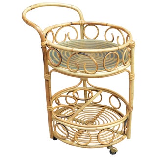 Vintage Boho Chic Rattan Bar Cart For Sale