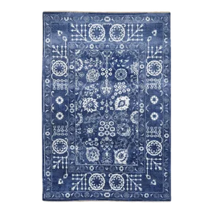 Tone on Tone Tabriz Hand Knotted Wool and Silk Denim Blue Oriental Rug