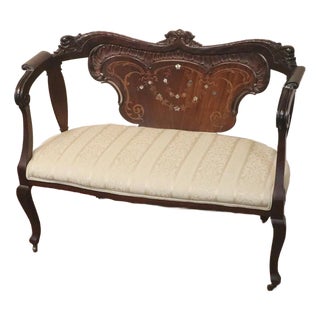 Antique French Style Mahogany Love Seat With Satinwood Inlay Mother of Pearl For Sale