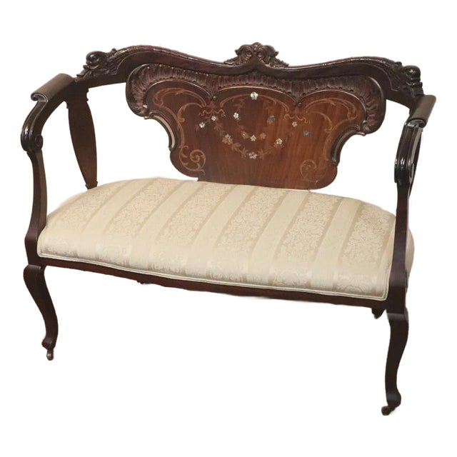 Antique French Style Mahogany Love Seat With Satinwood Inlay Mother of Pearl For Sale