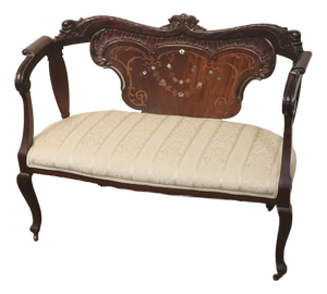 Antique French Style Mahogany Love Seat With Satinwood Inlay Mother of Pearl