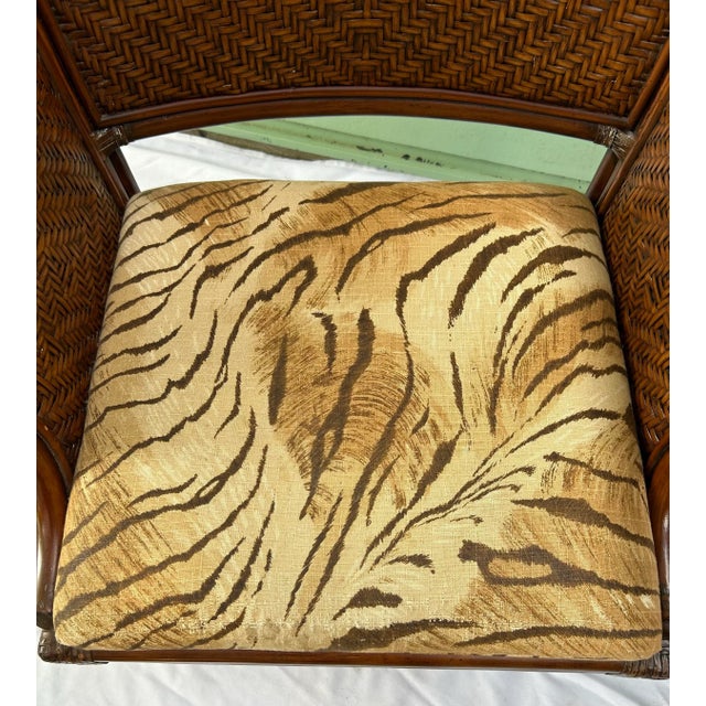 Wood Vintage Bamboo & Rattan Arm Chairs – Pair of Wicker Dining or Accent Chairs With Upholstered Seats For Sale - Image 7 of 10