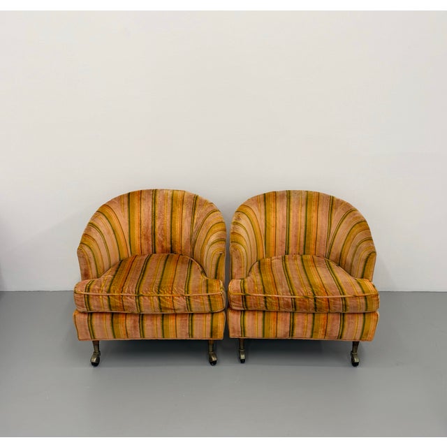 Traditional Vintage Barrel Back Lounge Chairs on Brass Casters – Pair For Sale - Image 3 of 8