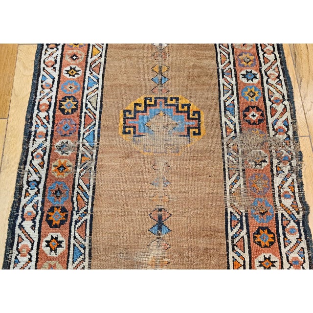 Camel Antique 19th C. Persian Kurdish Camelhair Runner Rug, Hand-Knotted Geometric Pattern, 4x12, Camelhair & Ivory For Sale - Image 8 of 15
