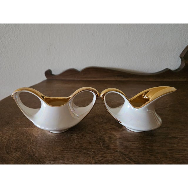 Vintage Pearl China Company ceramic opalescent miniature sugar and creamer set with gold trim. Lovely Art Deco style....
