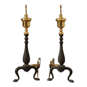 Late 20th Century Federal Style Brass & Cast Iron Andirons - A Pair