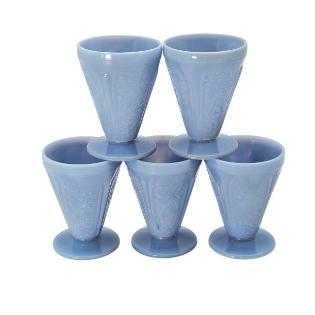 Traditional 1930s Jeanette Glass Delphite Blue Cherry Blossom Footed Juice Tumblers, Set of Five For Sale - Image 3 of 9