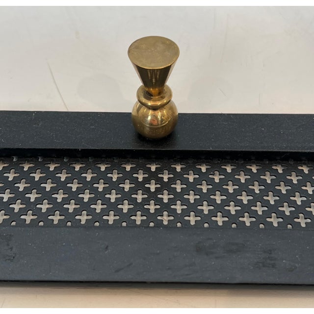 1950s Coat rack in black lacquered metal with perforated sheet metal and brass For Sale - Image 9 of 12