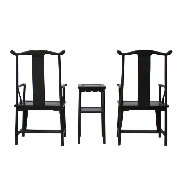 Modern Chinese Traditional Tan Wood Yoke-Back Armchair Set W Small Table For Sale - Image 3 of 11