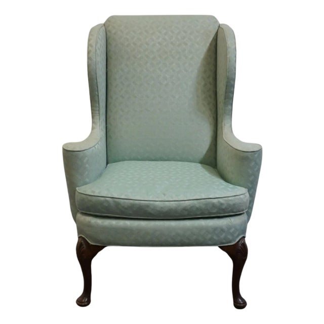 Baker Furniture Traditional Style Sea Foam Green Upholstered Accent Wingback Arm Chair For Sale