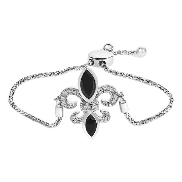 .925 Sterling Silver Marquise Black Onyx and Diamond Accent Lariat 4”-10” Fleur De Lis Adjustable Bolo Bracelet (I-J Color, I1-I2 Clarity) For Sale