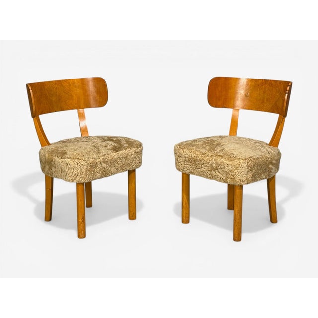 Axel Einar Hjorth, Nordiska Kompaniet, Swedish Mid-Century Modern, Rare "Birka" Chairs, Honey Shearling, Birch, Sweden,...
