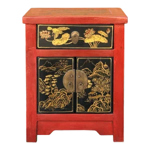 Oriental Distressed Red Black Golden Graphic Side End Table Nightstand