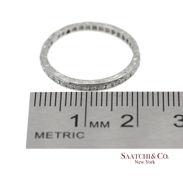 Metal Vintage Platinum 0.60 Ct Natural Diamond HandMade Engraved Eternity Band Ring, Size 7.25 For Sale - Image 7 of 8
