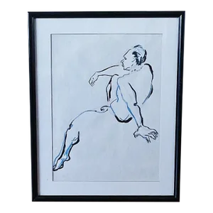 Mid-Century Ink and Pastel Figural Portrait Sketch in Blue and Pink, Framed