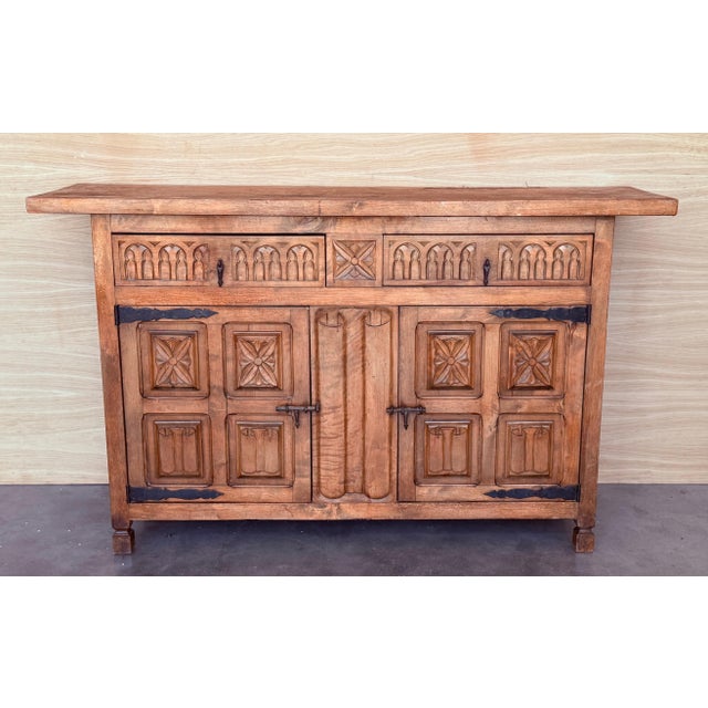 Late 19th Century Spanish Baroque Carved Walnut Tuscan Two Drawers Credenza or Buffet For Sale - Image 16 of 18