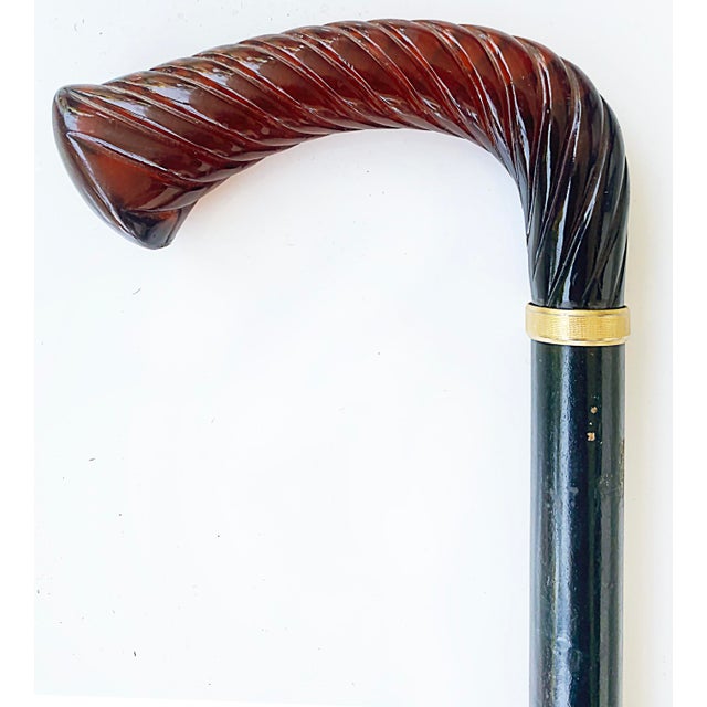 Early 20th Century Antique Amber Handle With Gold Band Wood Walking Stick For Sale - Image 5 of 5