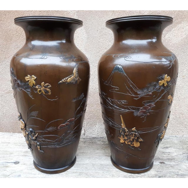 Brown Meiji Era Bronze Vases with Precious Metal Inlays by Kumagaya, Japan, 1890s, Set of 2 For Sale - Image 8 of 12