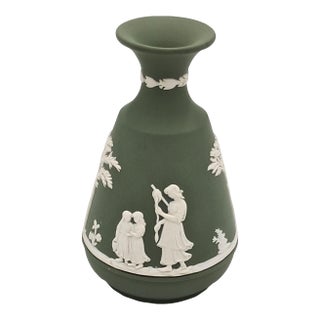 1970s Wedgwood Sage Green Jasperware Bud Vase, Sage Green & White Relief Figures Collectors Society For Sale