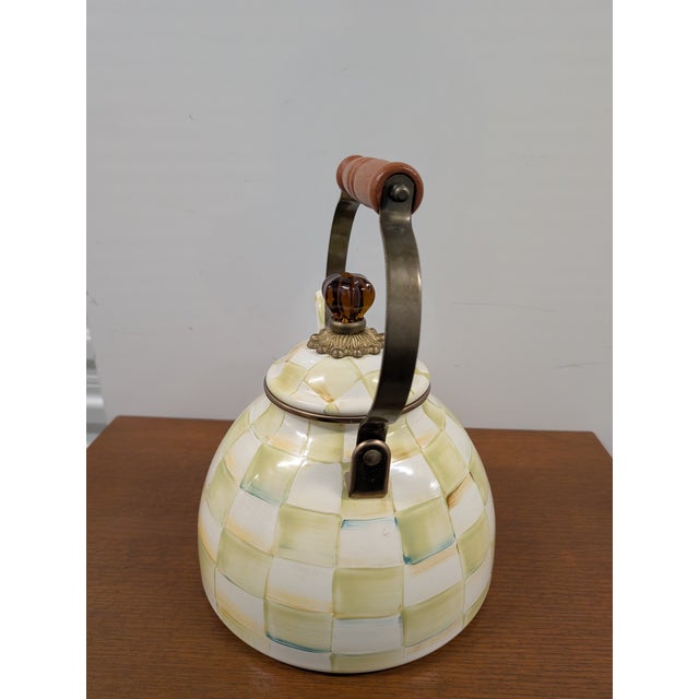 Paper Mid 20th Century MacKenzie Childs Yellow and Cream Parchment Checkered Tea Kettle For Sale - Image 7 of 9