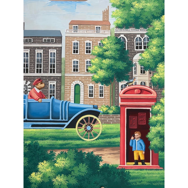 Whimsical London Scenic Hand-Painted Panoramic Wallpaper, 6-Panel Set For Sale - Image 4 of 4