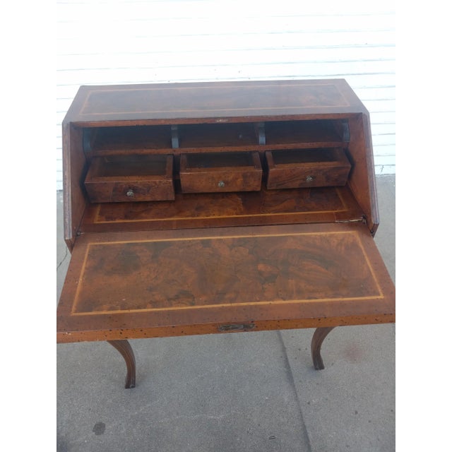 Late 20th Century French Provincial Burl Walnut W/ Inlay Drop Front Desk For Sale - Image 4 of 9