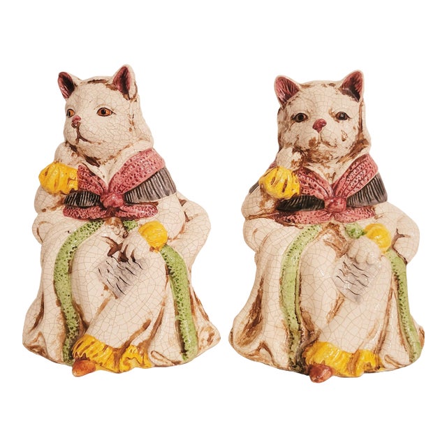 Vintage Colorful Regency Ceramic Staffordshire Sitting Throne Cats Statue- a Pair For Sale
