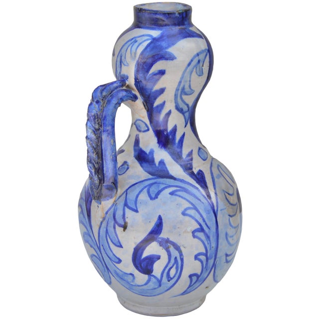 Moroccan Mid 20th Century Handcrafted Blue Andalusian-Patterned Ceramic Vase W/ Handle For Sale - Image 3 of 8